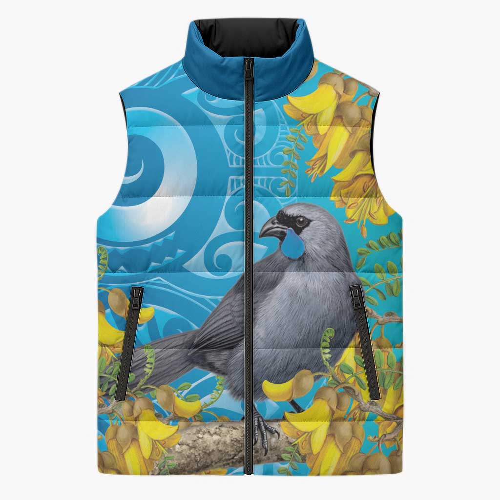 New Zealand Kokako Bird Sleeveless Puffer Jacket Maori Koru With Kowhai Flowers LT05 Unisex Aqua - Polynesian Pride