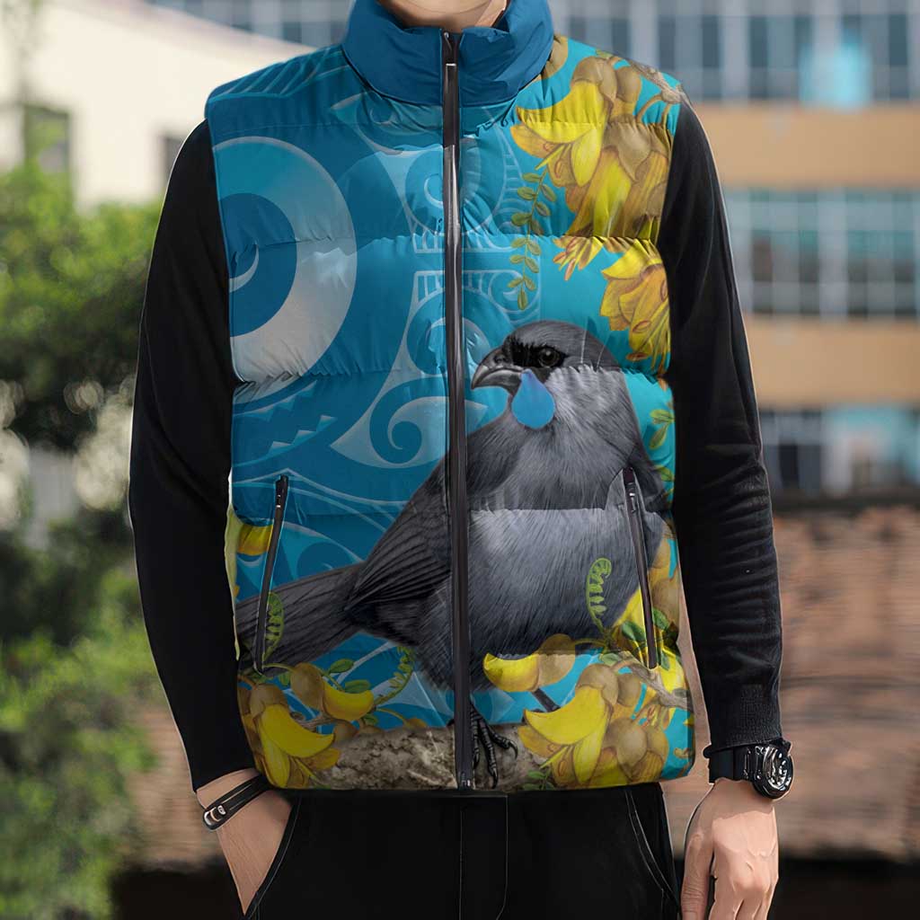 New Zealand Kokako Bird Sleeveless Puffer Jacket Maori Koru With Kowhai Flowers LT05 - Polynesian Pride