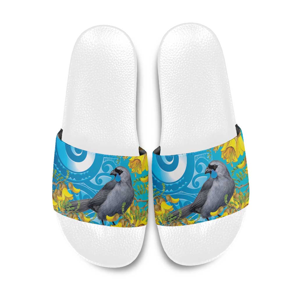 New Zealand Kokako Bird Slide Sandals Maori Koru With Kowhai Flowers LT05 Aqua - Polynesian Pride