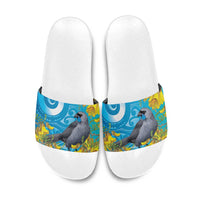 New Zealand Kokako Bird Slide Sandals Maori Koru With Kowhai Flowers LT05 Aqua - Polynesian Pride