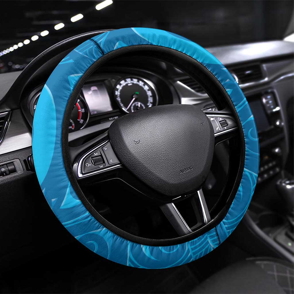 New Zealand Kokako Bird Steering Wheel Cover Maori Koru With Kowhai Flowers LT05 Universal Fit Aqua - Polynesian Pride