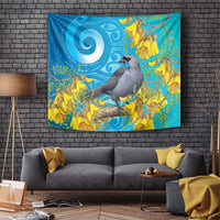 New Zealand Kokako Bird Tapestry Maori Koru With Kowhai Flowers LT05 Aqua - Polynesian Pride
