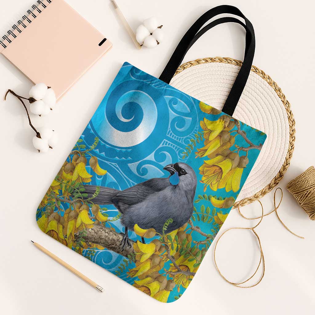 New Zealand Kokako Bird Tote Bag Maori Koru With Kowhai Flowers LT05 Black Strap One Size Aqua - Polynesian Pride