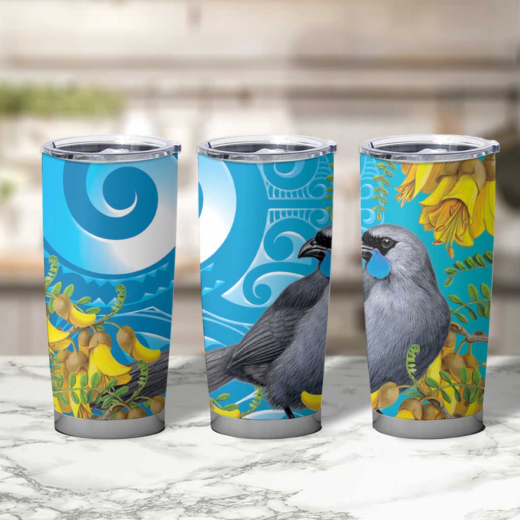 New Zealand Kokako Bird Tumbler Cup Maori Koru With Kowhai Flowers - Polynesian Pride