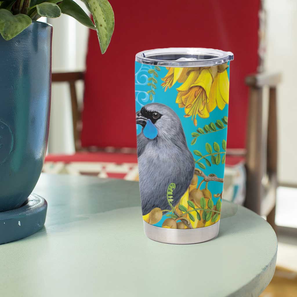 New Zealand Kokako Bird Tumbler Cup Maori Koru With Kowhai Flowers - Polynesian Pride