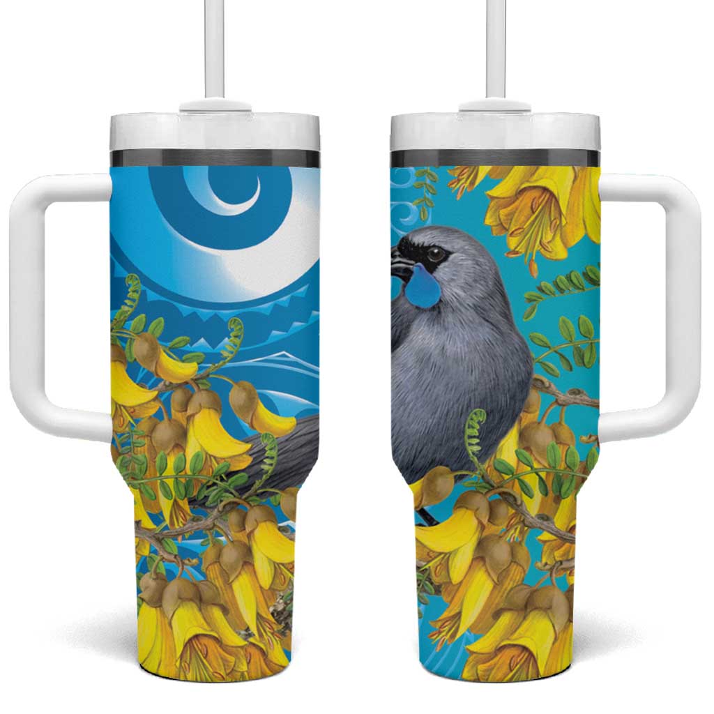 New Zealand Kokako Bird Tumbler With Handle Maori Koru With Kowhai Flowers - Polynesian Pride