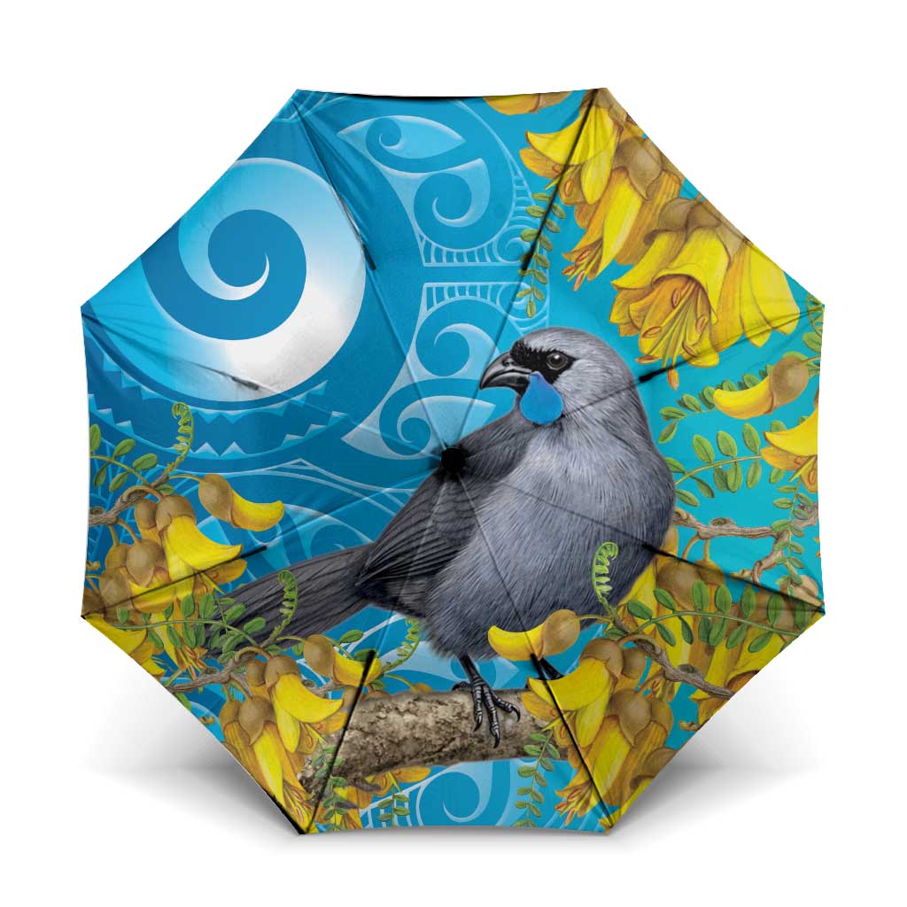 New Zealand Kokako Bird Umbrella Maori Koru With Kowhai Flowers - Polynesian Pride