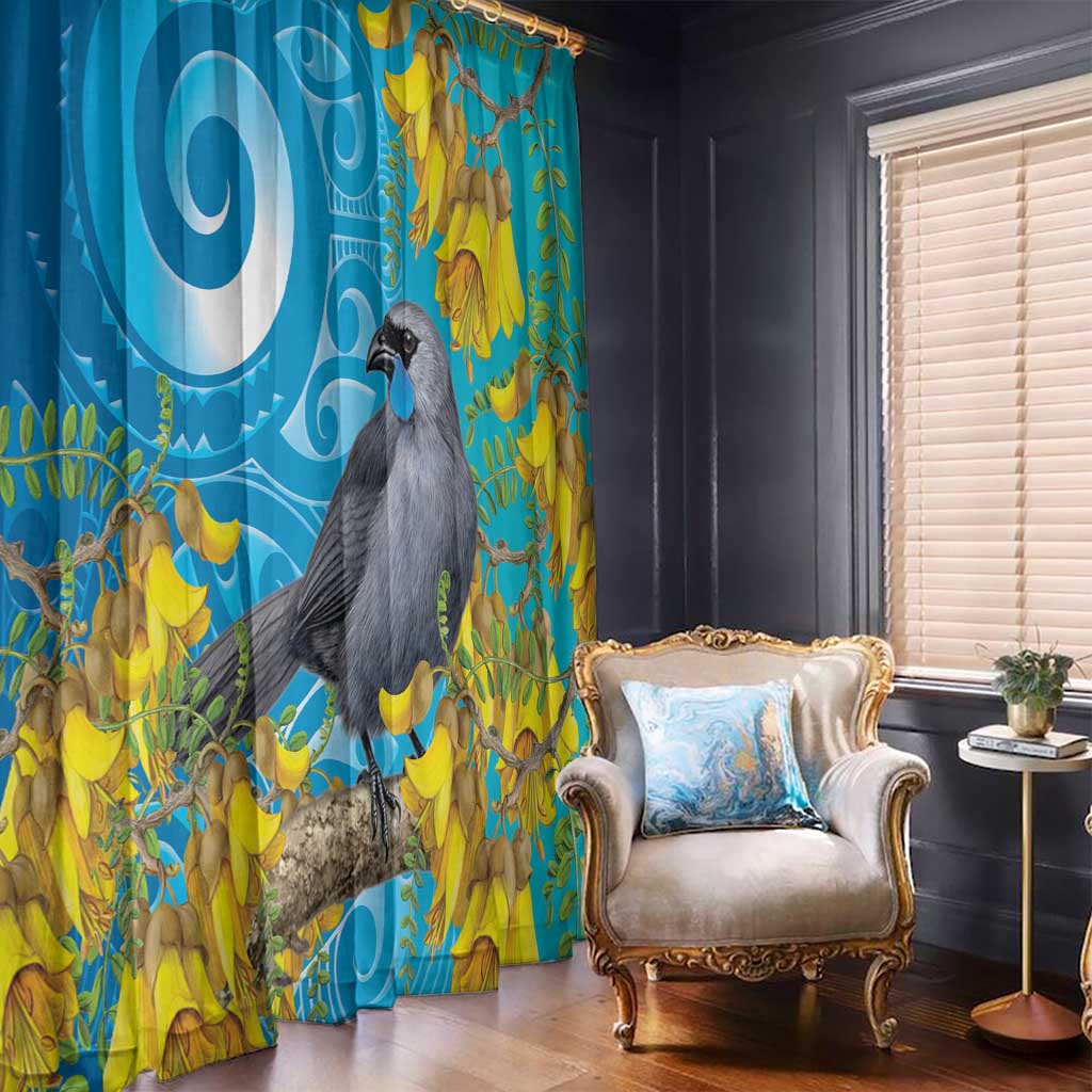New Zealand Kokako Bird Window Curtain Maori Koru With Kowhai Flowers LT05 - Polynesian Pride