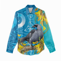 New Zealand Kokako Bird Women Casual Shirt Maori Koru With Kowhai Flowers LT05 - Polynesian Pride