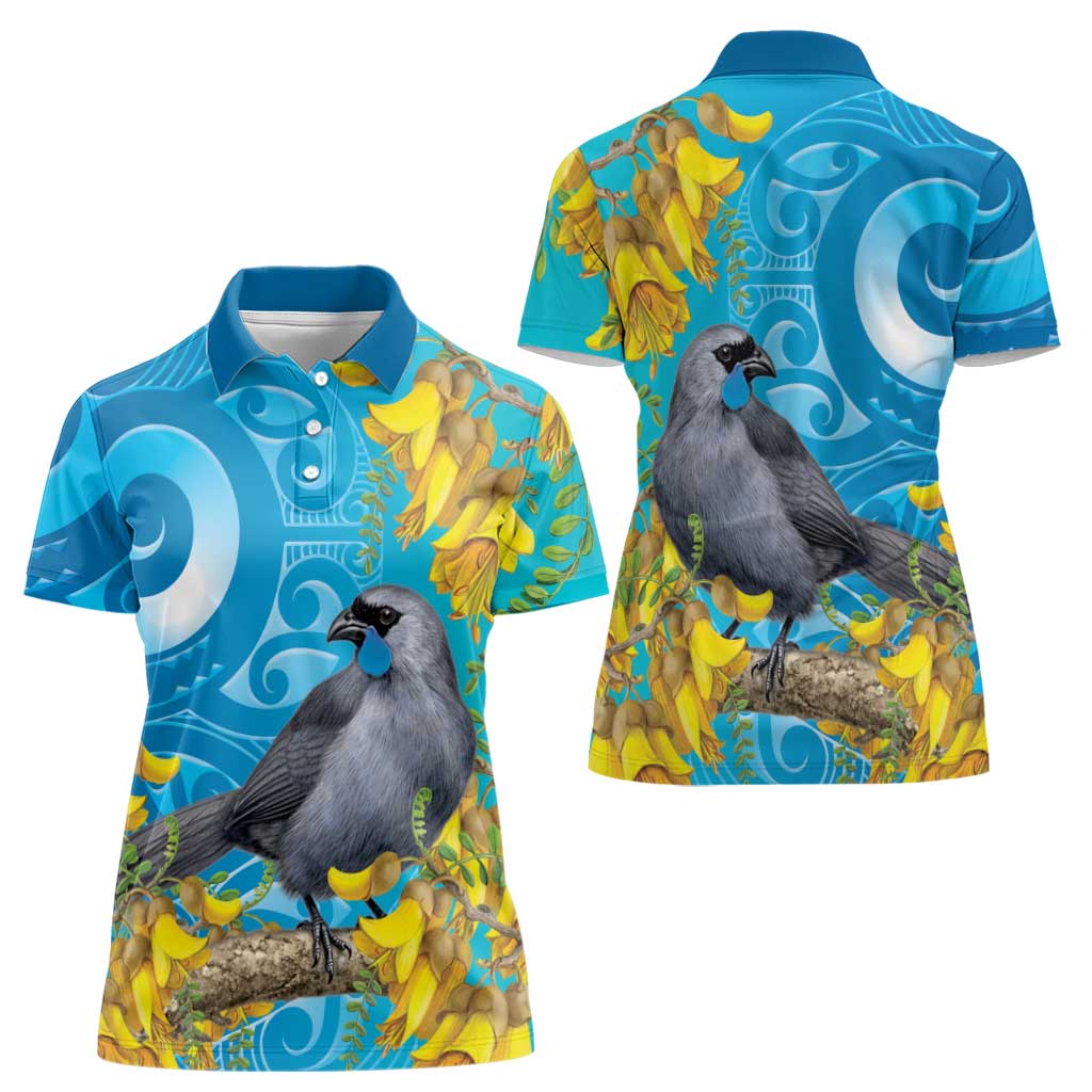 New Zealand Kokako Bird Women Polo Shirt Maori Koru With Kowhai Flowers LT05 - Polynesian Pride