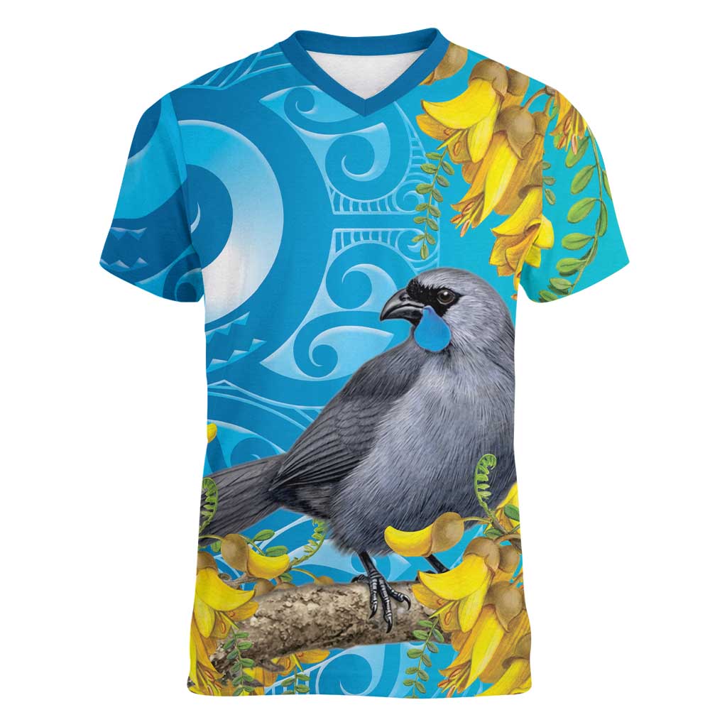 New Zealand Kokako Bird Women V-Neck T-Shirt Maori Koru With Kowhai Flowers LT05 Female Aqua - Polynesian Pride