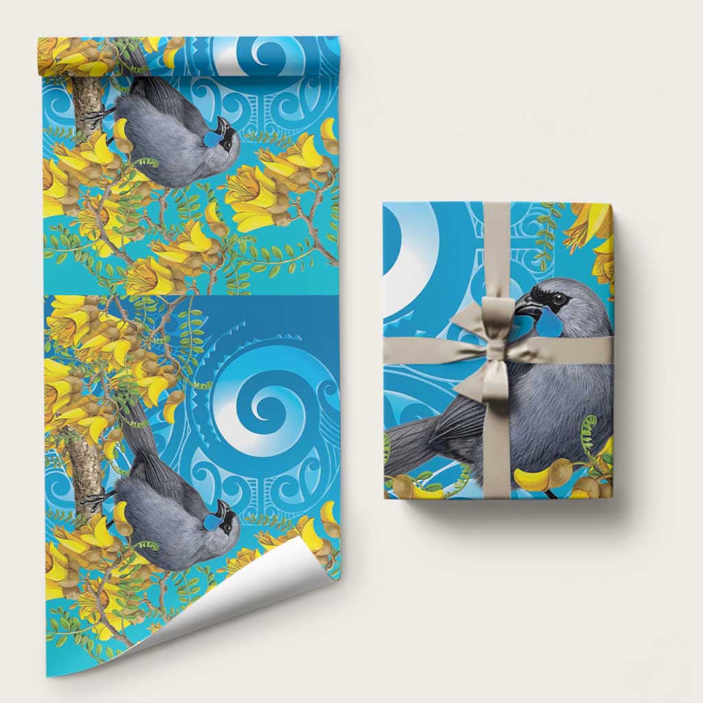 New Zealand Kokako Bird Wrapping Paper Maori Koru With Kowhai Flowers LT05 58" × 23" Aqua - Polynesian Pride