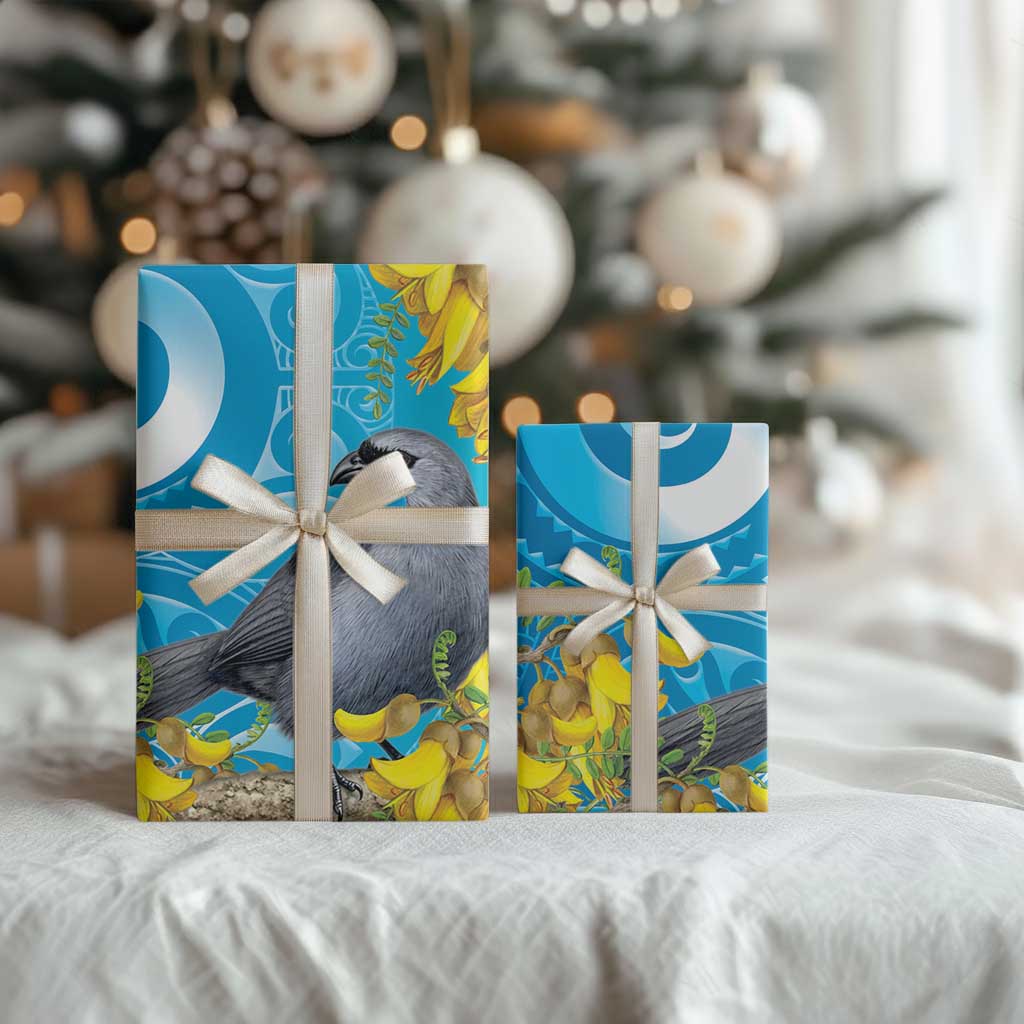 New Zealand Kokako Bird Wrapping Paper Maori Koru With Kowhai Flowers LT05 - Polynesian Pride
