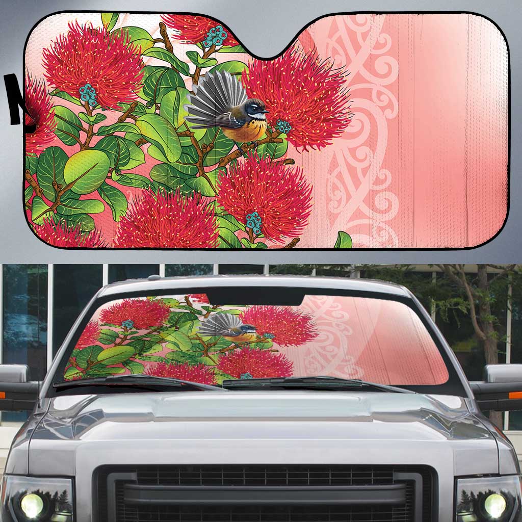 New Zealand Fantail Auto Sun Shade Maori Koru With Pohutukawa Flowers - Polynesian Pride