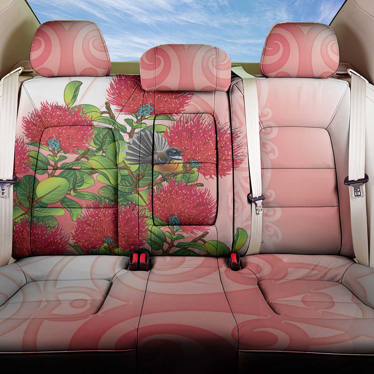 New Zealand Fantail Back Car Seat Cover Maori Koru With Pohutukawa Flowers - Polynesian Pride