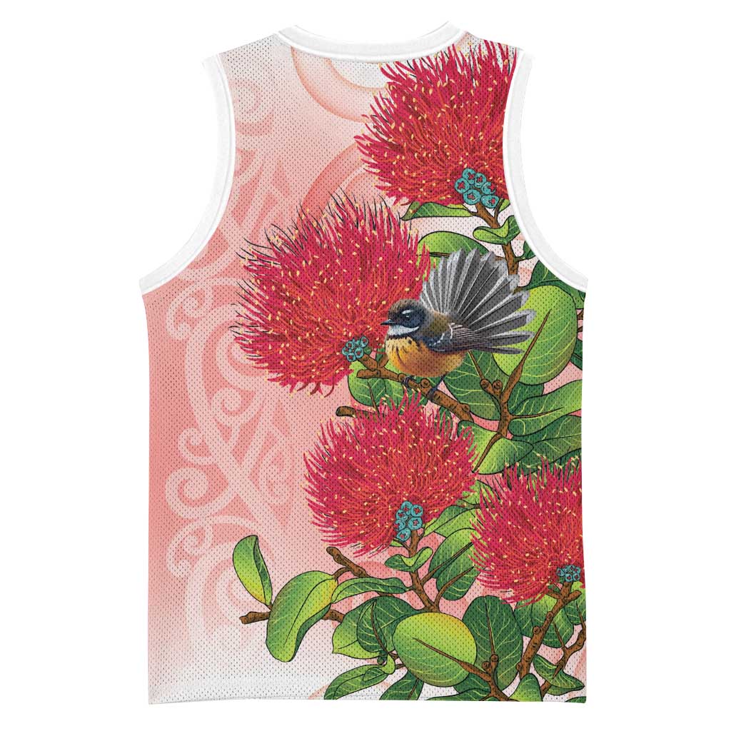 New Zealand Fantail Basketball Jersey Maori Koru With Pohutukawa Flowers - Polynesian Pride