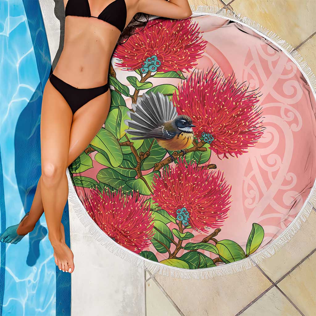 New Zealand Fantail Beach Blanket Maori Koru With Pohutukawa Flowers LT05 - Polynesian Pride