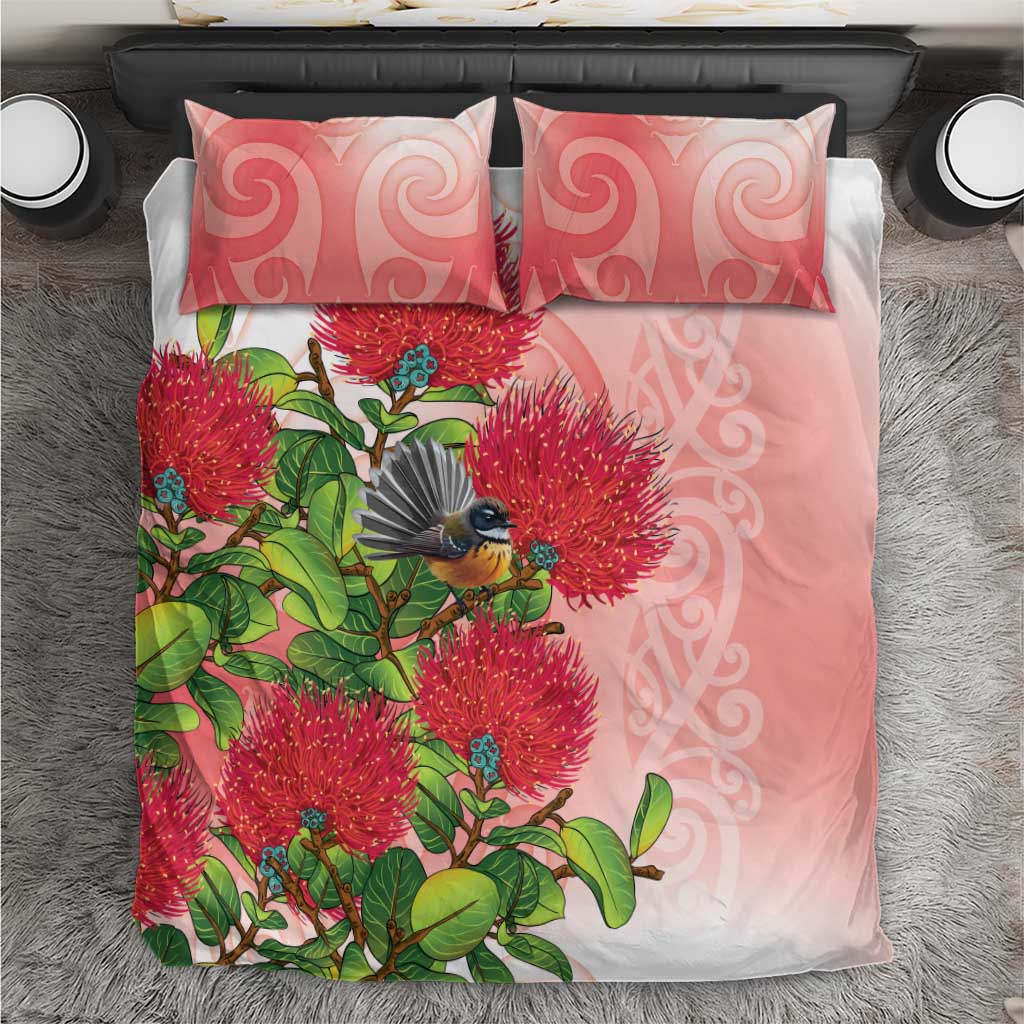 New Zealand Fantail Bedding Set Maori Koru With Pohutukawa Flowers - Polynesian Pride