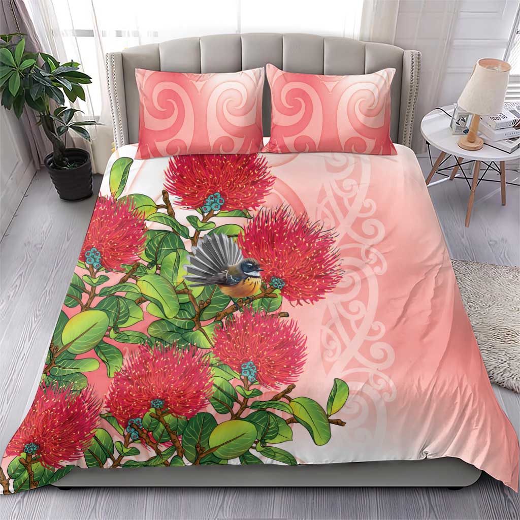 New Zealand Fantail Bedding Set Maori Koru With Pohutukawa Flowers - Polynesian Pride