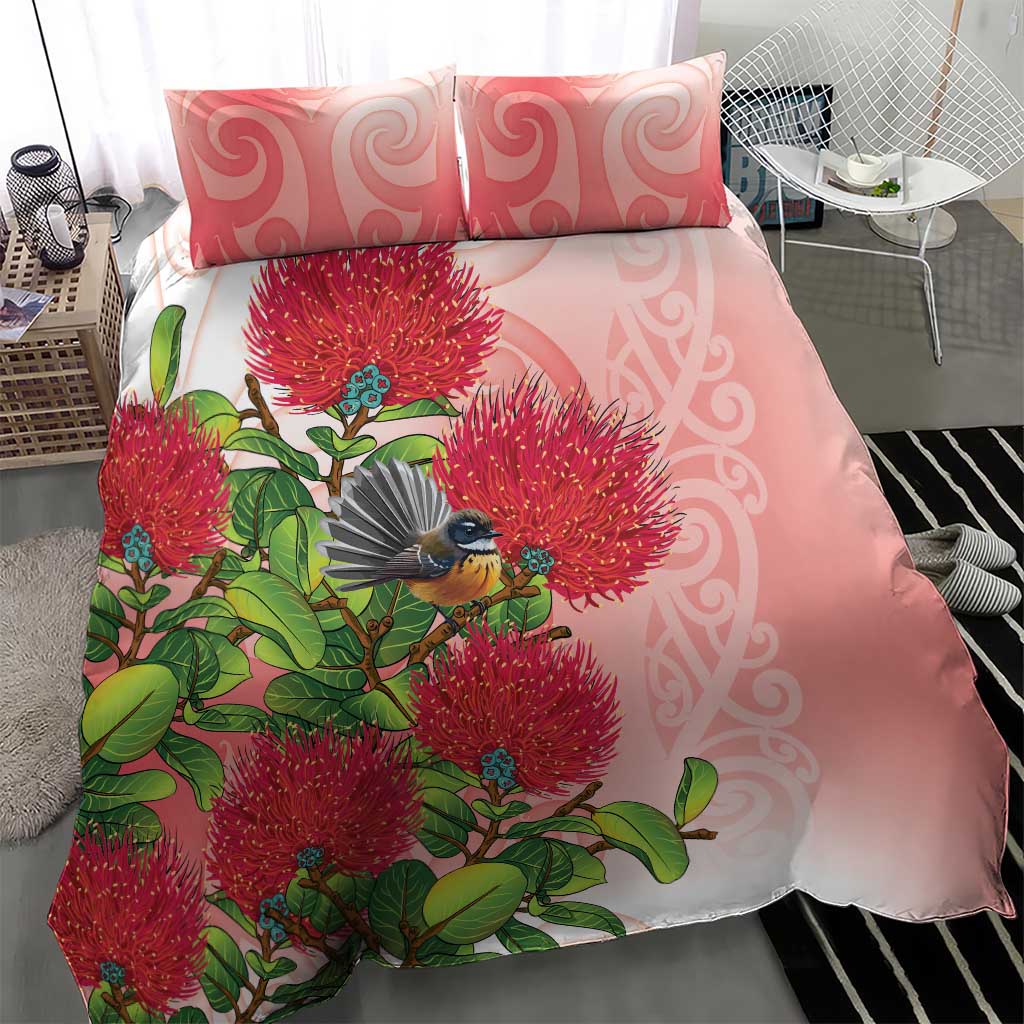 New Zealand Fantail Bedding Set Maori Koru With Pohutukawa Flowers - Polynesian Pride