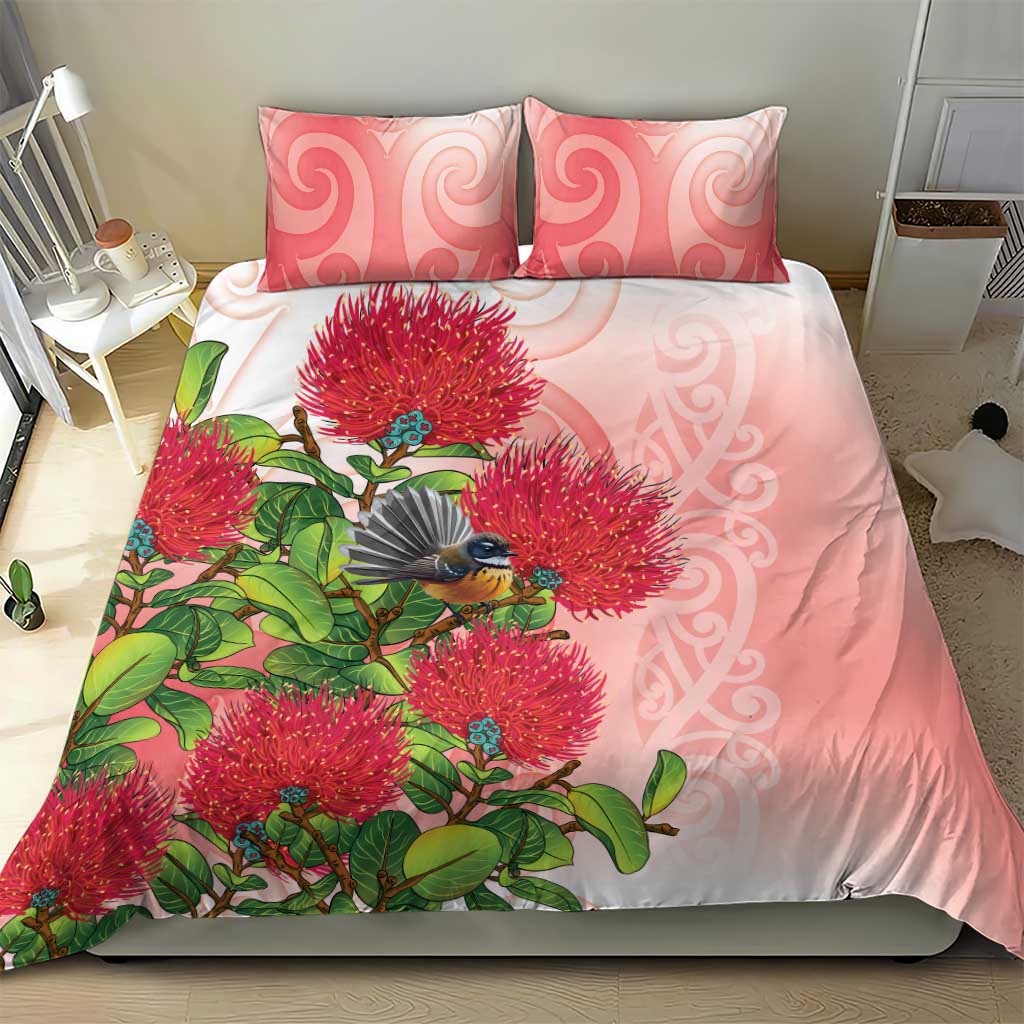 New Zealand Fantail Bedding Set Maori Koru With Pohutukawa Flowers - Polynesian Pride