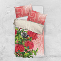New Zealand Fantail Bedding Set Maori Koru With Pohutukawa Flowers - Polynesian Pride