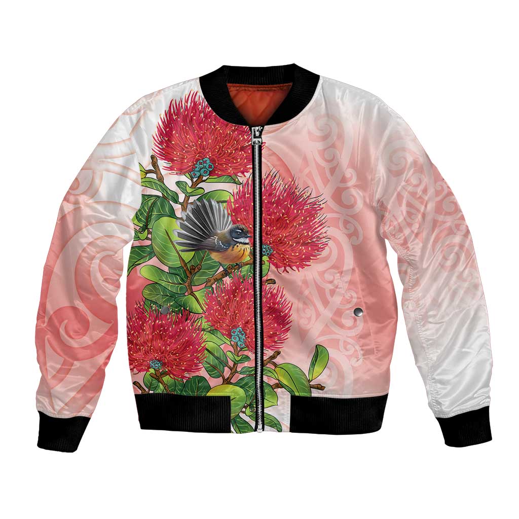 New Zealand Fantail Bomber Jacket Maori Koru With Pohutukawa Flowers LT05 Unisex Red - Polynesian Pride
