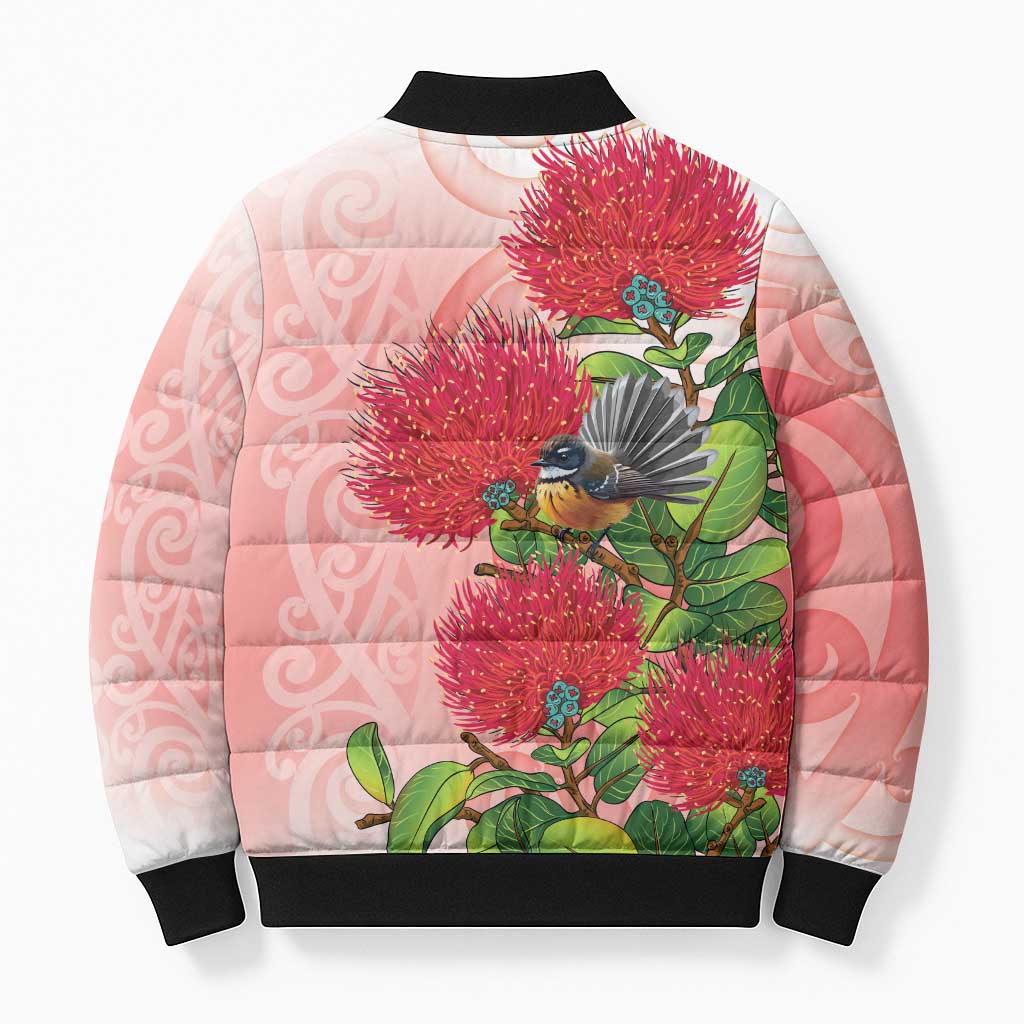 New Zealand Fantail Bomber Puffer Jacket Maori Koru With Pohutukawa Flowers LT05 - Polynesian Pride