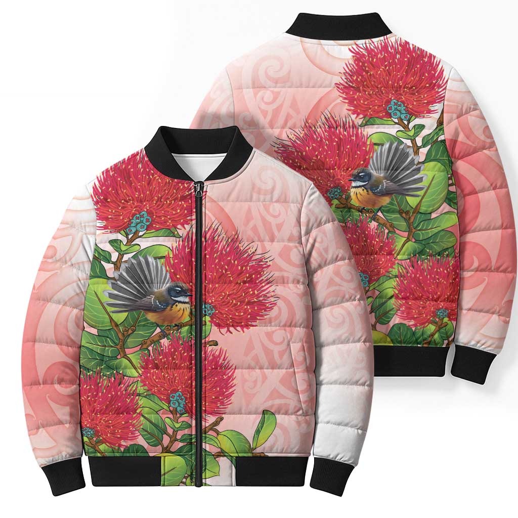 New Zealand Fantail Bomber Puffer Jacket Maori Koru With Pohutukawa Flowers LT05 - Polynesian Pride