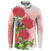 New Zealand Fantail Button Sweatshirt Maori Koru With Pohutukawa Flowers LT05 Red - Polynesian Pride