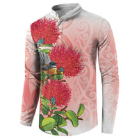 New Zealand Fantail Button Sweatshirt Maori Koru With Pohutukawa Flowers LT05 - Polynesian Pride
