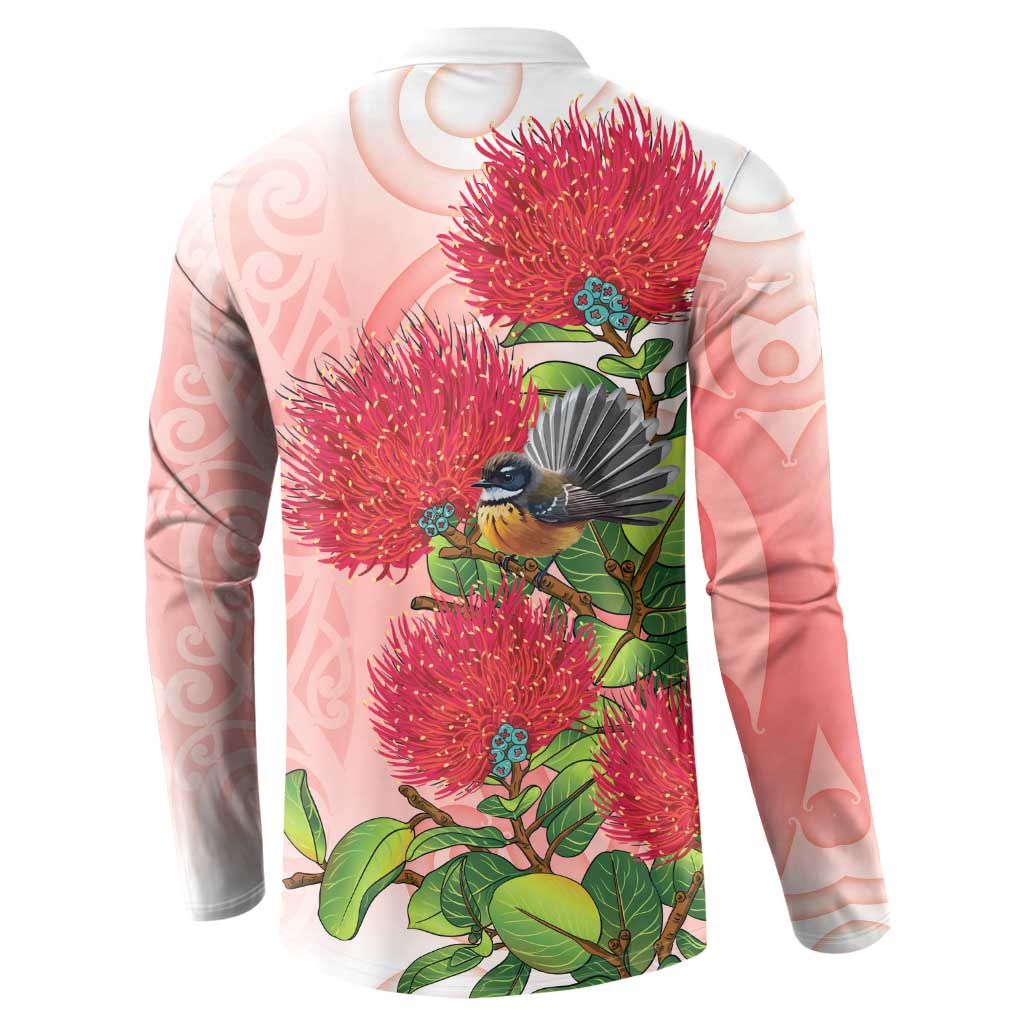 New Zealand Fantail Button Sweatshirt Maori Koru With Pohutukawa Flowers LT05 - Polynesian Pride
