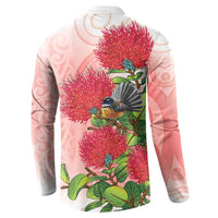 New Zealand Fantail Button Sweatshirt Maori Koru With Pohutukawa Flowers LT05 - Polynesian Pride