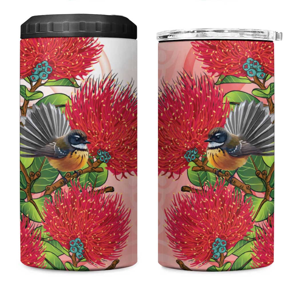 New Zealand Fantail 4 in 1 Can Cooler Tumbler Maori Koru With Pohutukawa Flowers - Polynesian Pride