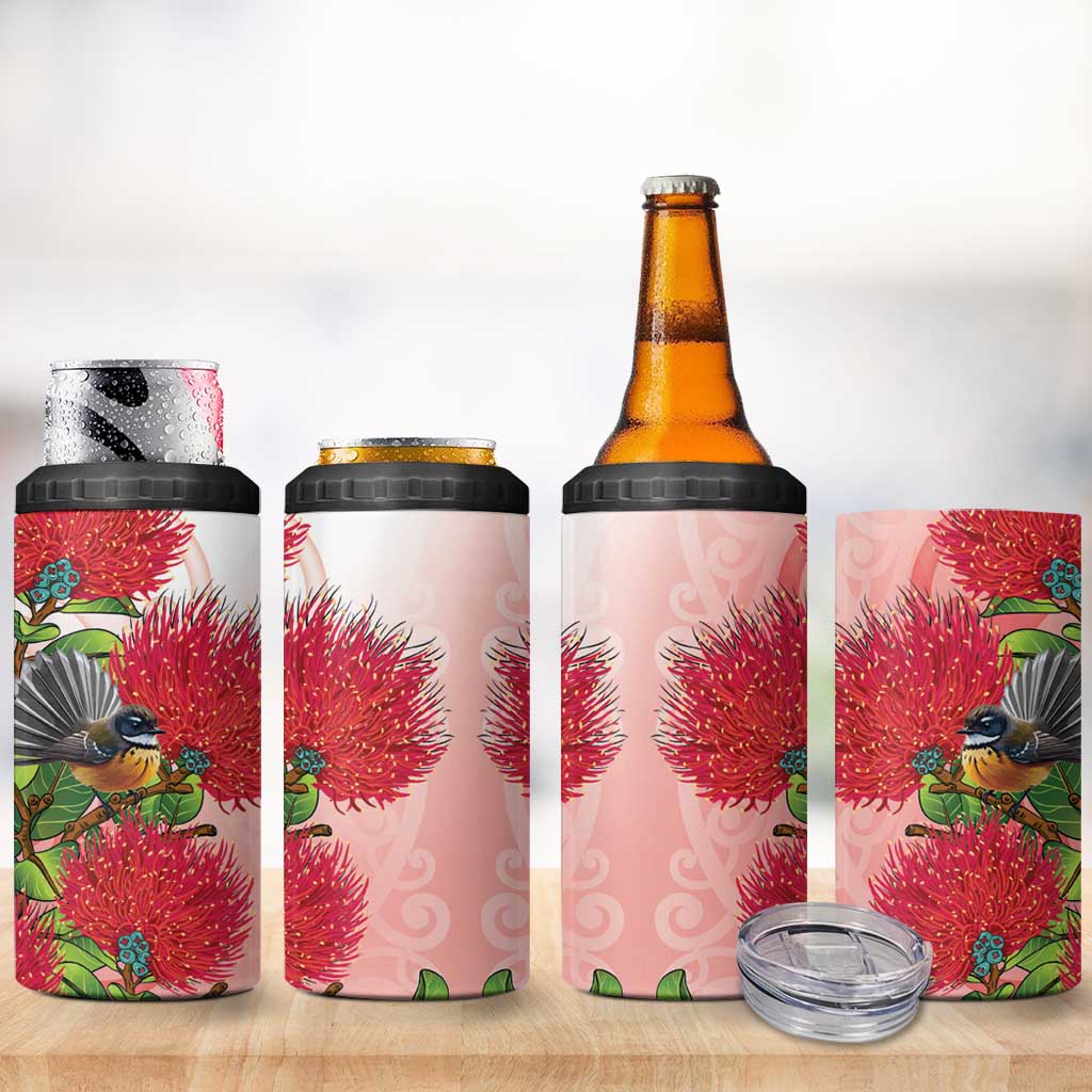 New Zealand Fantail 4 in 1 Can Cooler Tumbler Maori Koru With Pohutukawa Flowers LT05 - Polynesian Pride