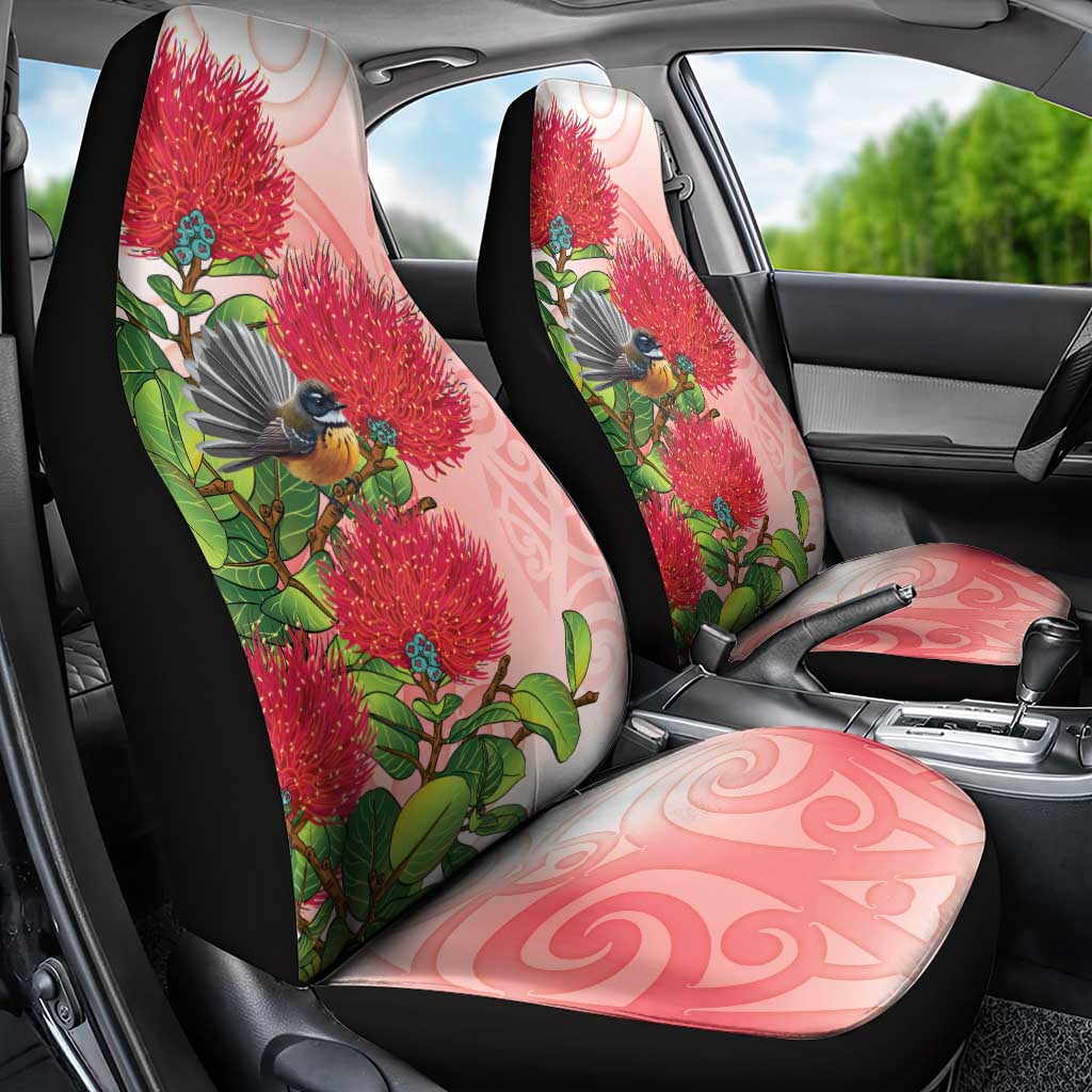 New Zealand Fantail Car Seat Cover Maori Koru With Pohutukawa Flowers - Polynesian Pride
