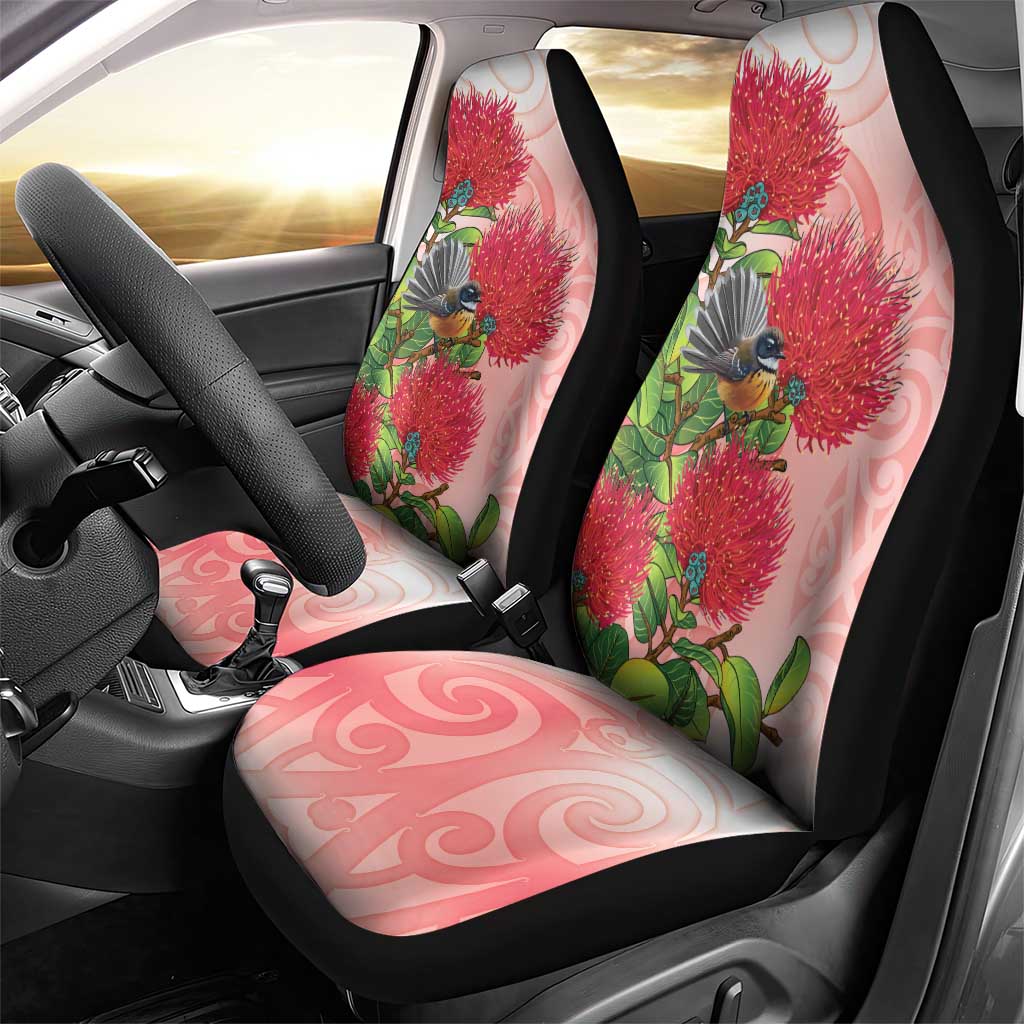 New Zealand Fantail Car Seat Cover Maori Koru With Pohutukawa Flowers - Polynesian Pride