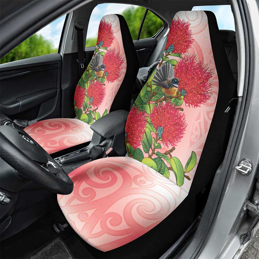 New Zealand Fantail Car Seat Cover Maori Koru With Pohutukawa Flowers - Polynesian Pride