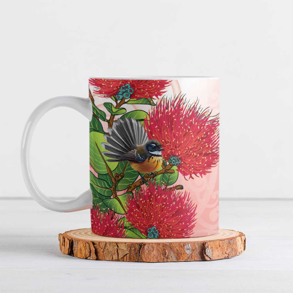 New Zealand Fantail Ceramic Mug Maori Koru With Pohutukawa Flowers - Polynesian Pride