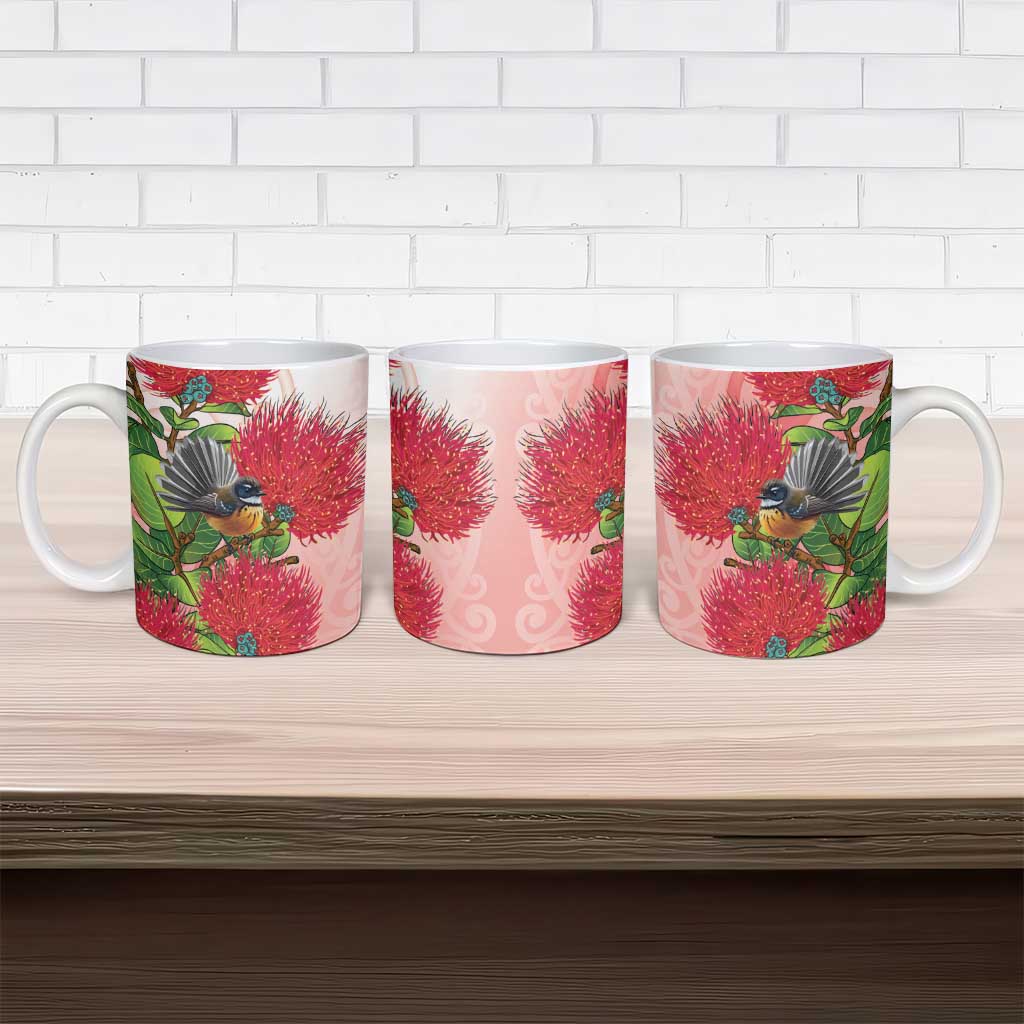 New Zealand Fantail Ceramic Mug Maori Koru With Pohutukawa Flowers - Polynesian Pride