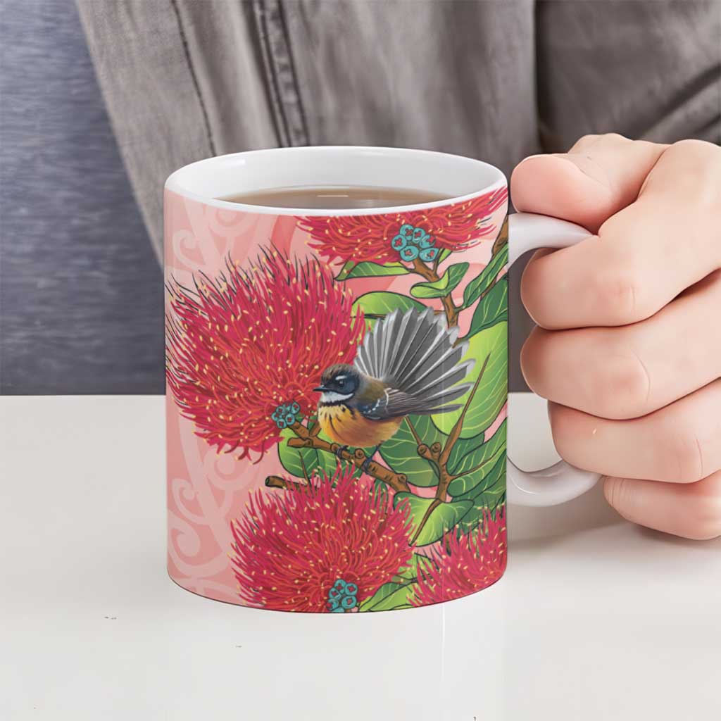 New Zealand Fantail Ceramic Mug Maori Koru With Pohutukawa Flowers - Polynesian Pride