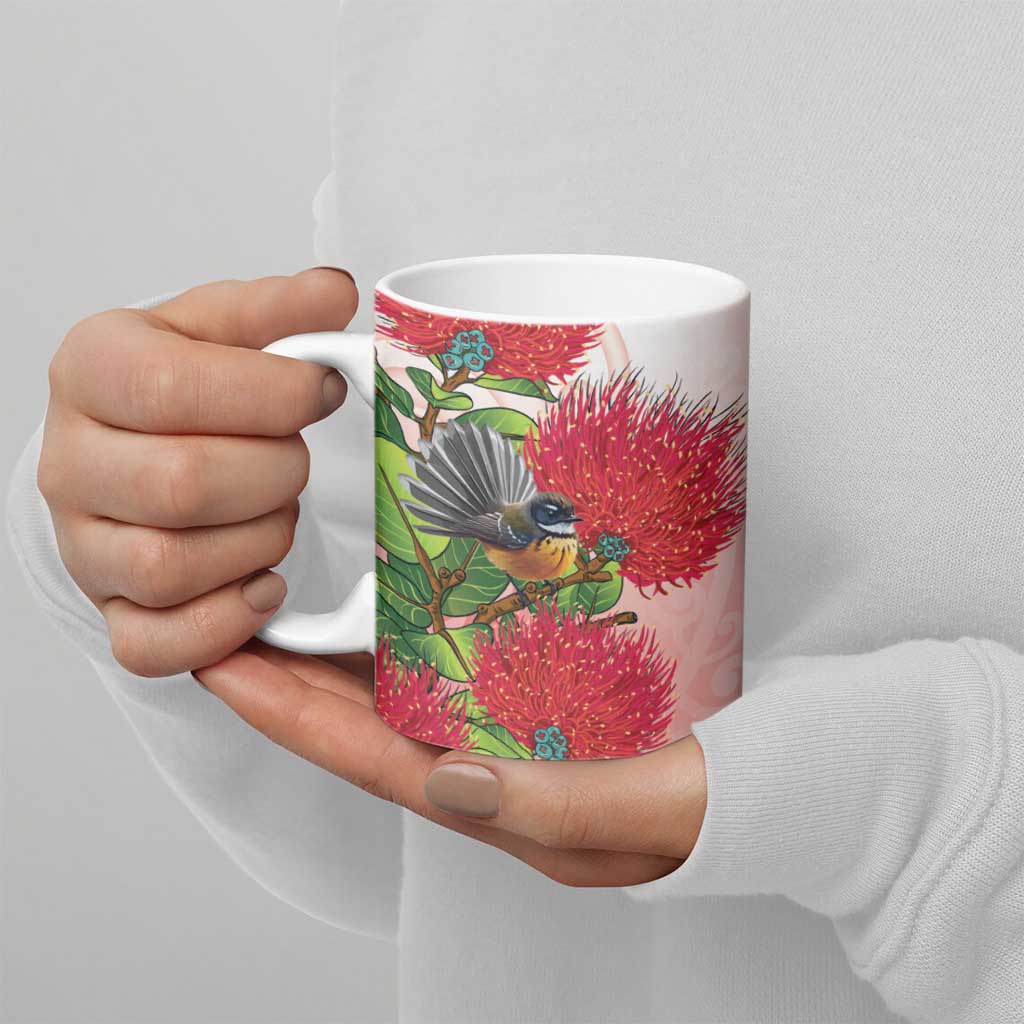 New Zealand Fantail Ceramic Mug Maori Koru With Pohutukawa Flowers - Polynesian Pride