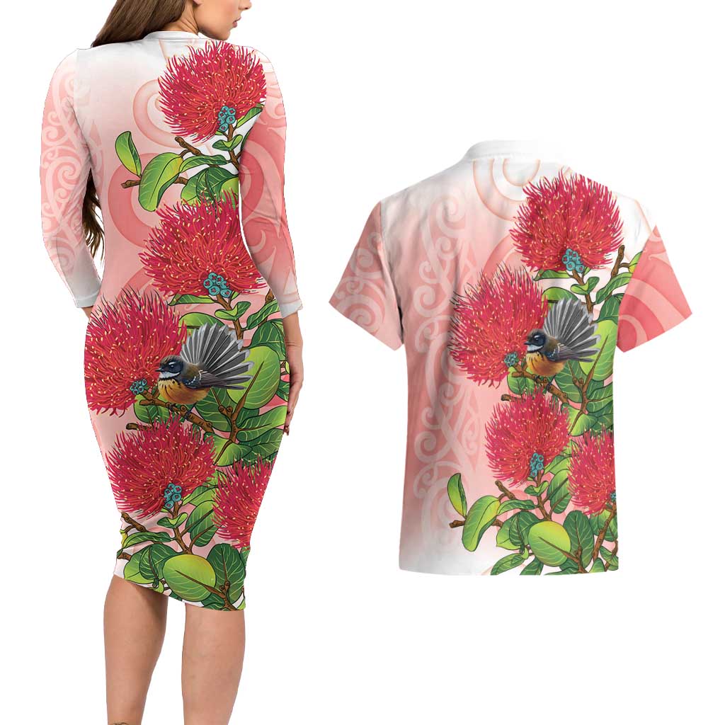 New Zealand Fantail Couples Matching Long Sleeve Bodycon Dress and Hawaiian Shirt Maori Koru With Pohutukawa Flowers LT05 - Polynesian Pride