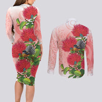 New Zealand Fantail Couples Matching Long Sleeve Bodycon Dress and Long Sleeve Button Shirt Maori Koru With Pohutukawa Flowers LT05 - Polynesian Pride