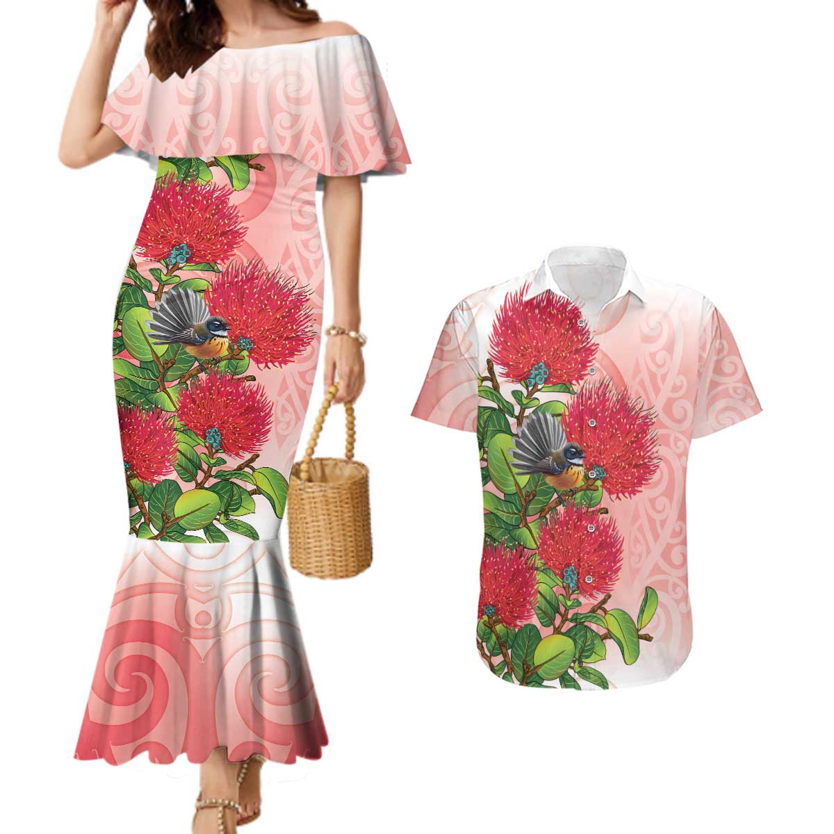 New Zealand Fantail Couples Matching Mermaid Dress and Hawaiian Shirt Maori Koru With Pohutukawa Flowers LT05 Red - Polynesian Pride