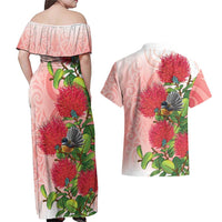 New Zealand Fantail Couples Matching Off Shoulder Maxi Dress and Hawaiian Shirt Maori Koru With Pohutukawa Flowers LT05 - Polynesian Pride