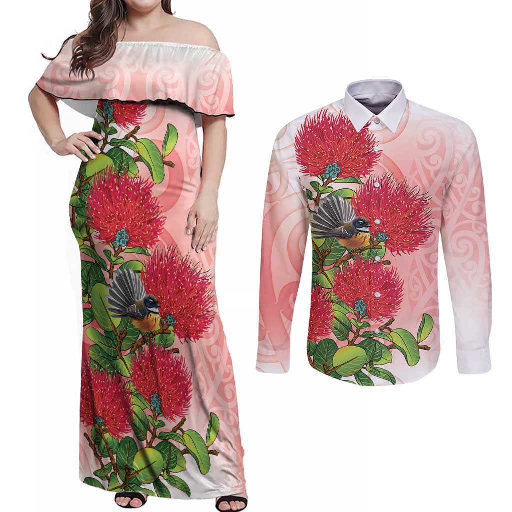 New Zealand Fantail Couples Matching Off Shoulder Maxi Dress and Long Sleeve Button Shirt Maori Koru With Pohutukawa Flowers - Polynesian Pride