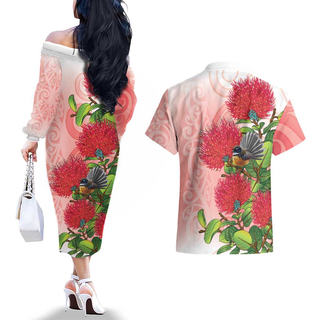 New Zealand Fantail Couples Matching Off The Shoulder Long Sleeve Dress and Hawaiian Shirt Maori Koru With Pohutukawa Flowers LT05 - Polynesian Pride