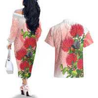New Zealand Fantail Couples Matching Off The Shoulder Long Sleeve Dress and Hawaiian Shirt Maori Koru With Pohutukawa Flowers LT05 - Polynesian Pride