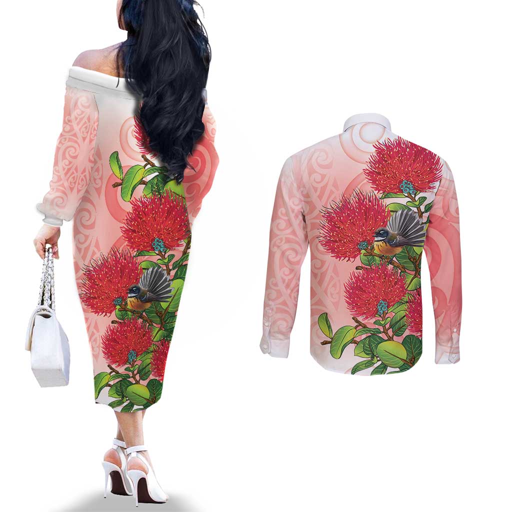 New Zealand Fantail Couples Matching Off The Shoulder Long Sleeve Dress and Long Sleeve Button Shirt Maori Koru With Pohutukawa Flowers LT05 - Polynesian Pride
